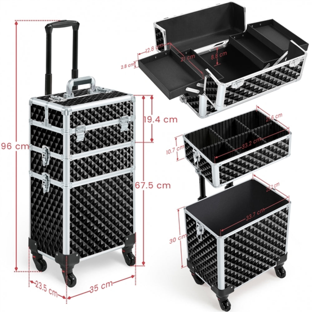 3-in-1 Rolling Makeup Train Case Portable Cosmetic Trolley