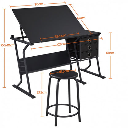 Drafting Table & Stool Set For Artists Tilting Tabletop with Additional Side Countertop