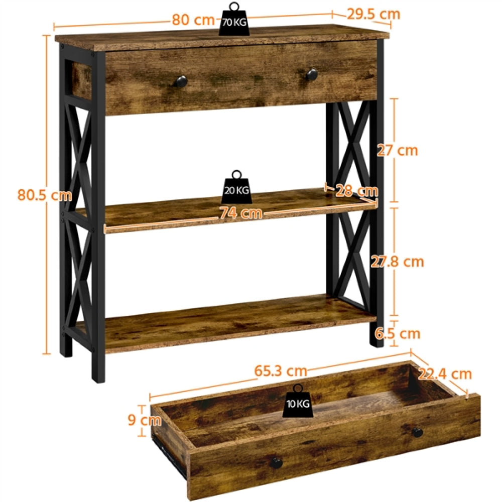 Vintage Wooden Console Table with 1 Drawer and 2 Open Shelves