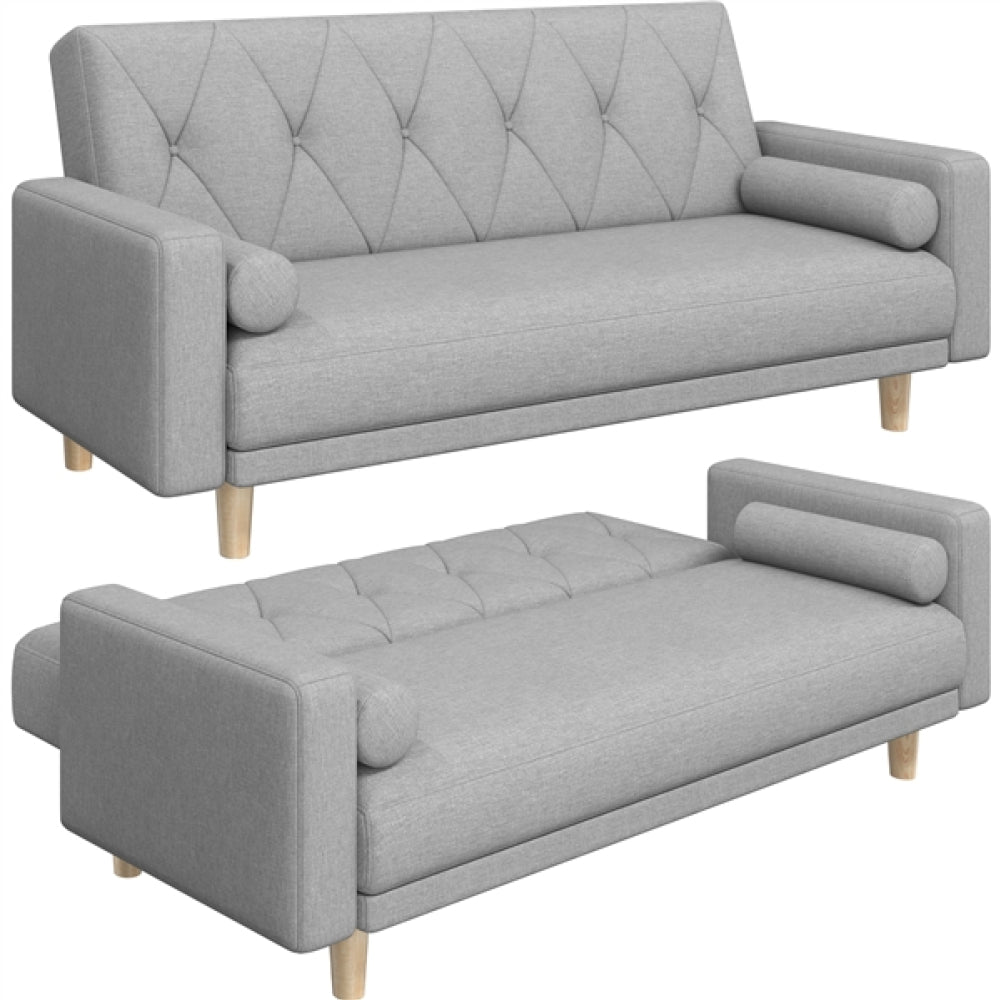 Button-tufted Fabric 3-Seater Sofa Bed W/ 2 Bolster Pillows