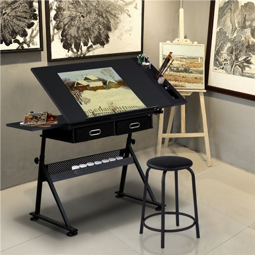 Drafting Table/Stool Set with Adjustable Table Angles & Heights All-in-One