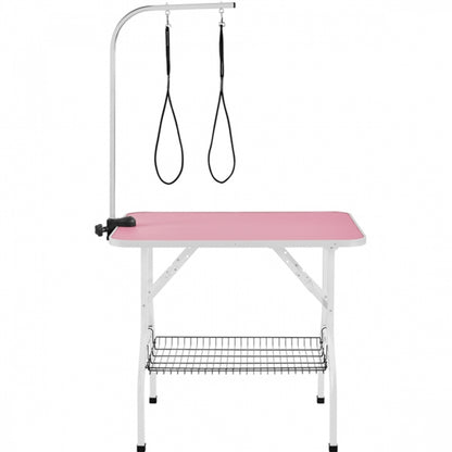 Dog Grooming Table with Basket Style Tool Shelf and Adjustable Arm Fold-up Pet Salon Table