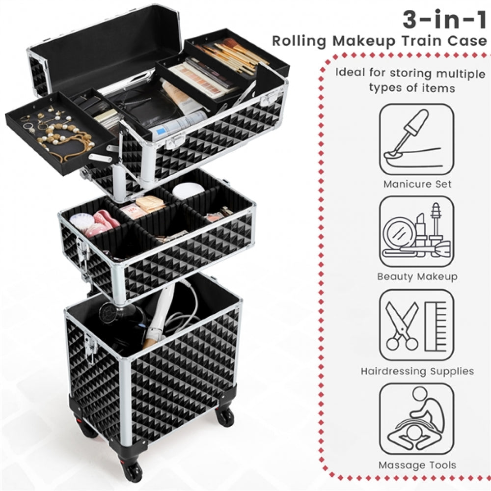 3-in-1 Rolling Makeup Train Case Portable Cosmetic Trolley