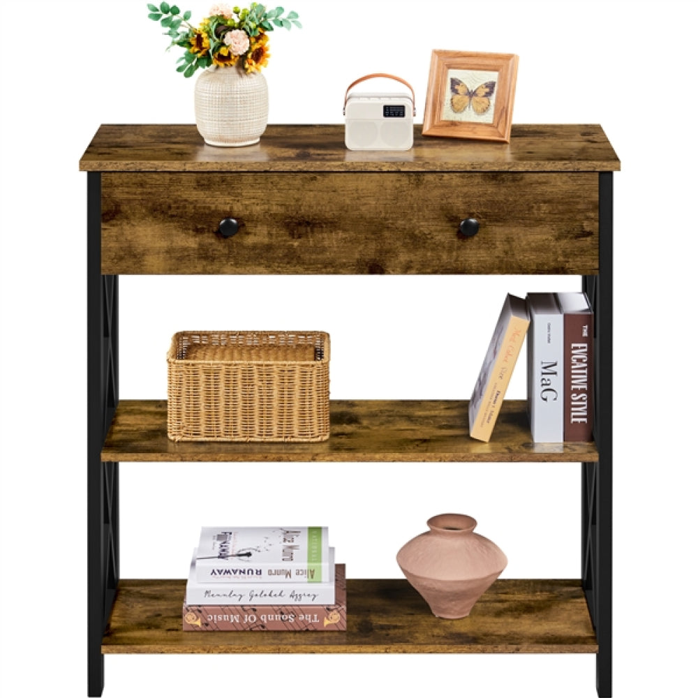 Vintage Wooden Console Table with 1 Drawer and 2 Open Shelves