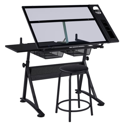 Height Adjustable Glass Drafting Table & Stool Set Art Table