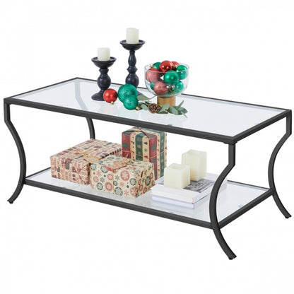 2-tier Rectangular Iron Framed Tempered Glass Coffee Table