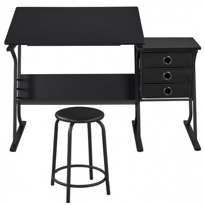 Drafting Table & Stool Set For Artists Tilting Tabletop with Additional Side Countertop
