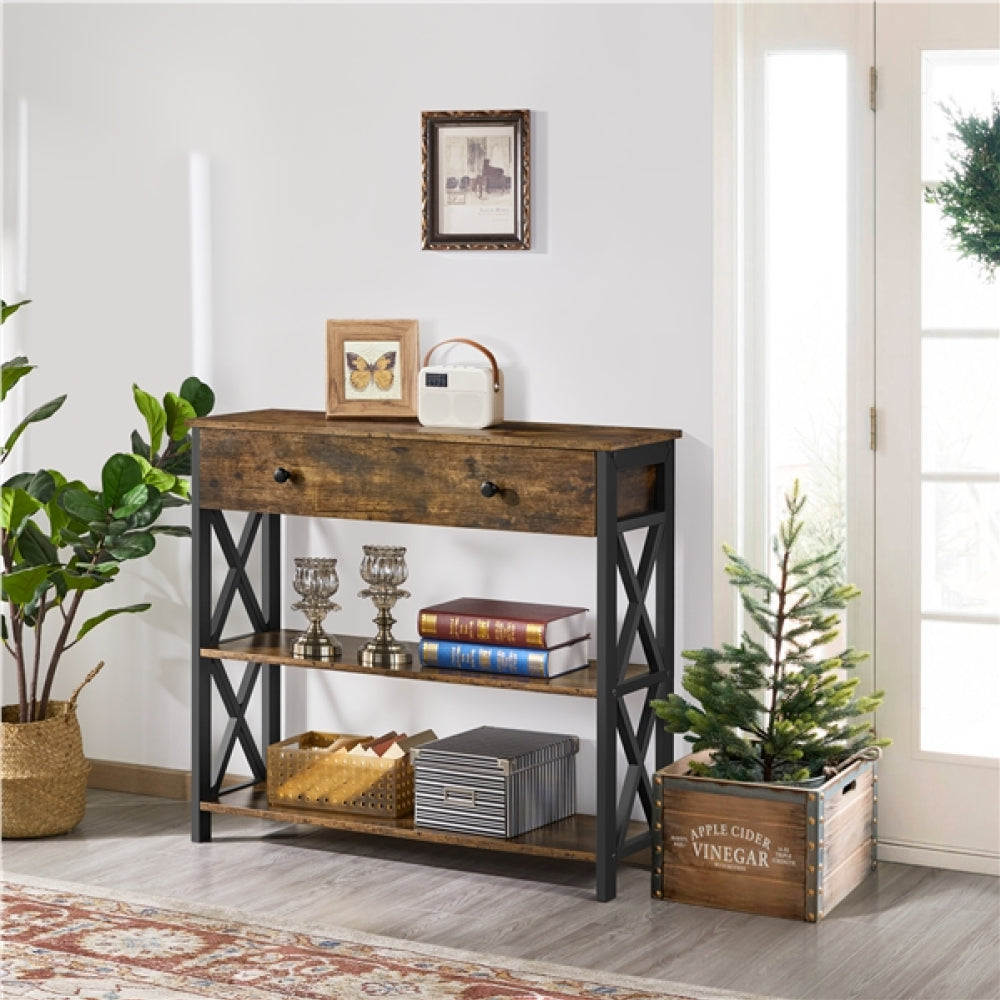 Vintage Wooden Console Table with 1 Drawer and 2 Open Shelves