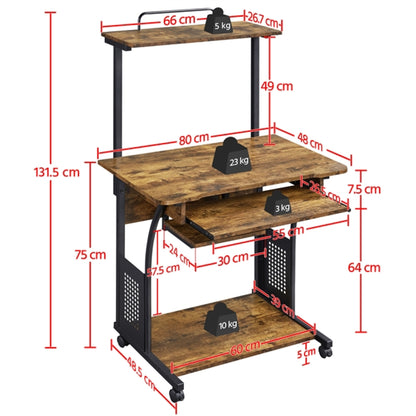 3-Tier Rolling Computer Desk  Study Table with Printer Shelf