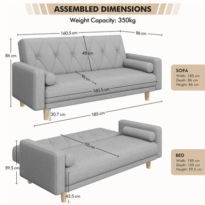 Button-tufted Fabric 3-Seater Sofa Bed W/ 2 Bolster Pillows