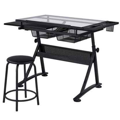 Height Adjustable Glass Drafting Table & Stool Set Art Table