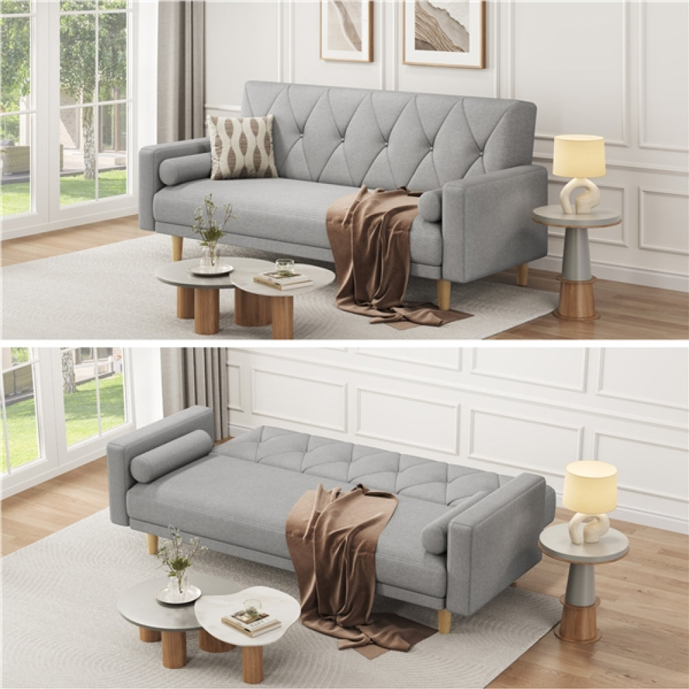 Button-tufted Fabric 3-Seater Sofa Bed W/ 2 Bolster Pillows