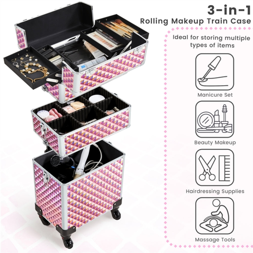 3-in-1 Rolling Makeup Train Case Portable Cosmetic Trolley